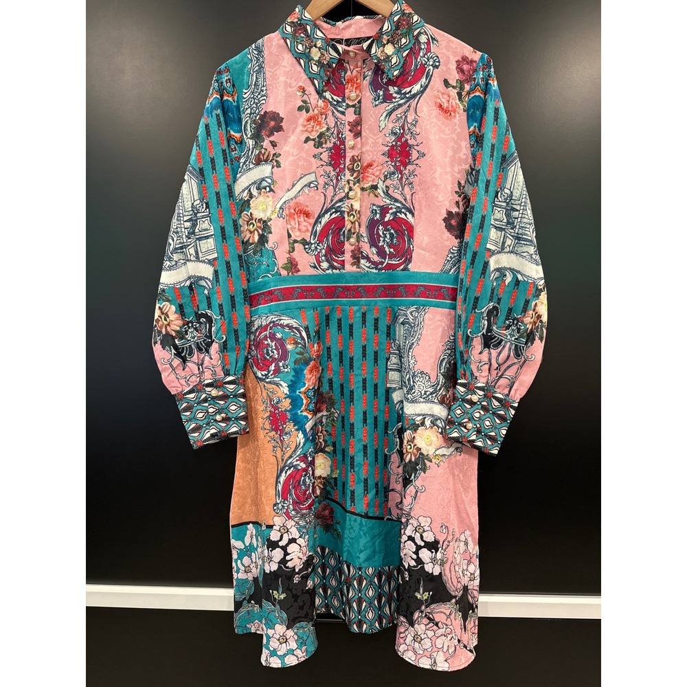Dalia MacPhee Pink Multi Floral Baroque Jacquard Shirt Dress D837 NWT Large